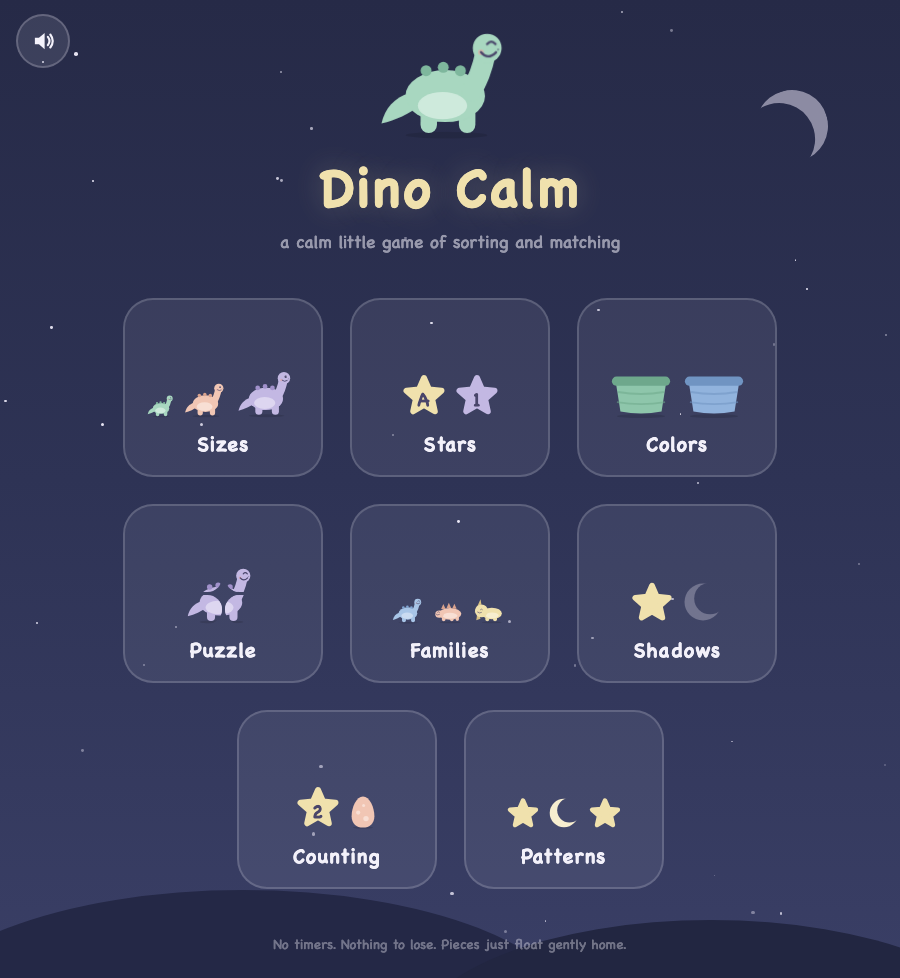 Dino Calm menu with eight calm matching games