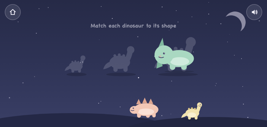 The Sizes game, matching dinosaurs to their shape